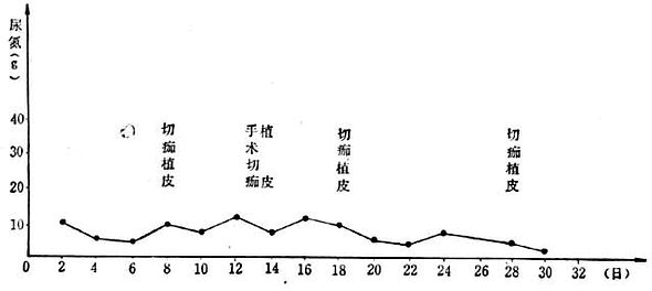 烧伤总面积97/Ⅲ°45%尿氮排出量的变化